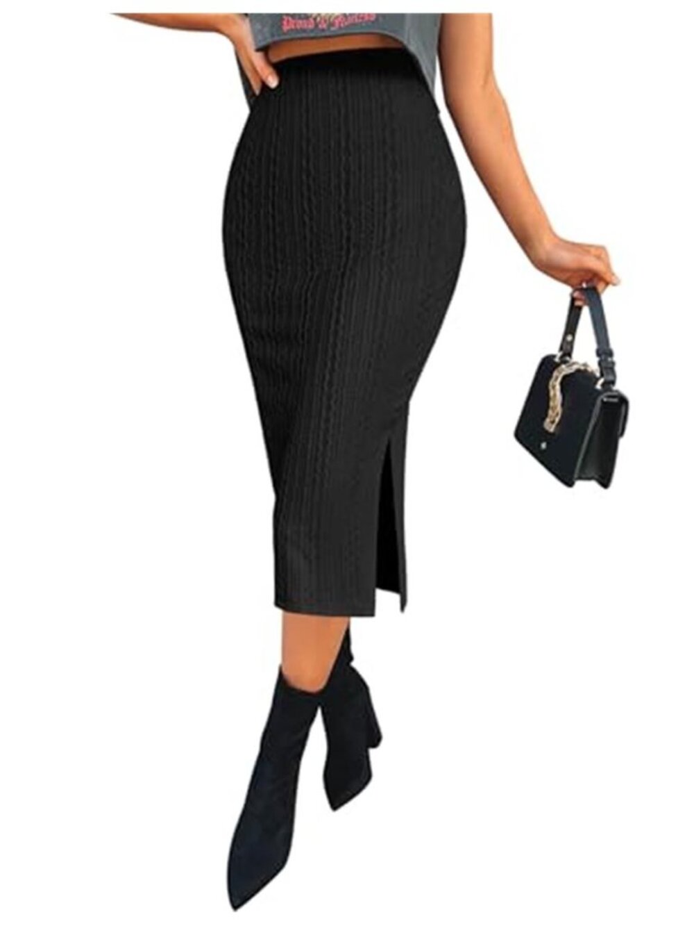Womens Knit Midi Skirt High Waist Bodycon Long Pencil Skirt With Side Slit